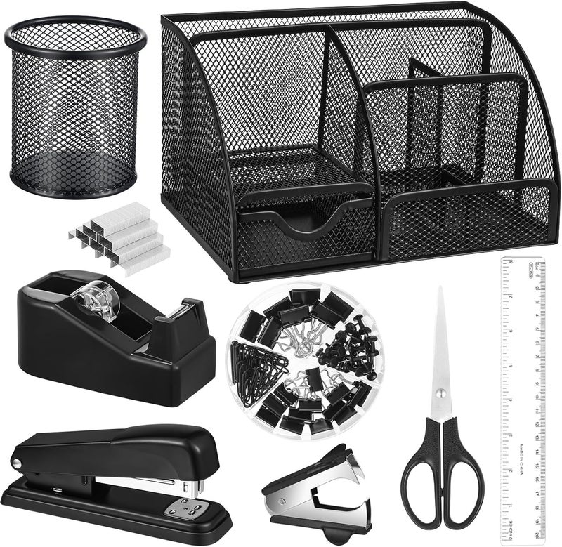 AuraRay Black Desk Organizer and Accessories, Black Desk Asccessories Office Supply Kit Include Mesh Desktop Organizer Stapler 1000 Staples Tape Dispenser Pen Holder Staple Remover Clips Ruler Scissors - Image 1